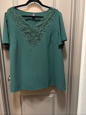 SHEIN Curve Teal Crochet V-Neck Blouse